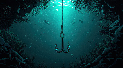 angler hook adventure. Fishing hook caught in seaweed underwater