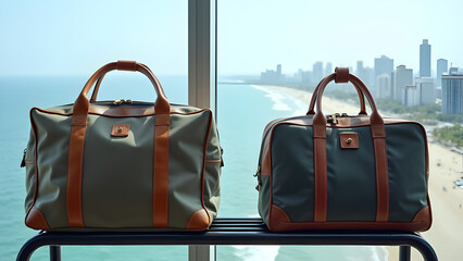 Two travel bags placed on a luggage rack near a window overlooking a scenic city or beach view.