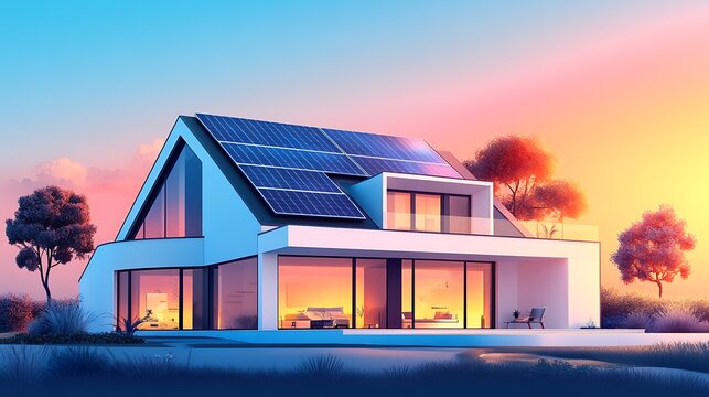 A modern smart home with sleek solar panels on the roof, depicted in a wide-angle banner format with clean gradients and copy space