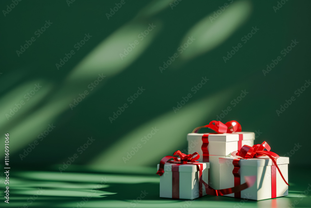 Poster Stack of white boxes with red bows on top of a green background