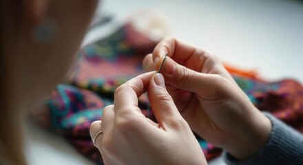 Fototapeta premium Close-up of hands sewing colorful fabric with needle thread