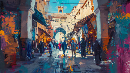Fototapeta premium Vibrant Street Market in Morocco Highlighted with Colorful Designs and Lively Atmosphere Capturing Daily Life and Culture in a Historic Setting