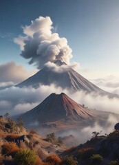 Obraz premium Clouds and fog shrouding a dormant volcano in misty surroundings, natural formations, mountain