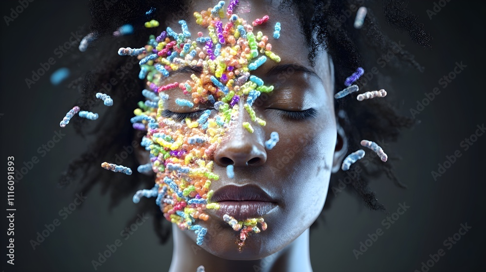 Poster surreal artistic portrait of colorful elements on face studio digital art dark background close-up a