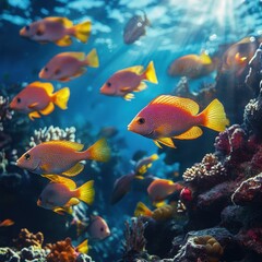 Naklejka premium Vibrant orange fish swim gracefully through a clear blue ocean, surrounded by coral reefs, creating a serene underwater scene perfect for educational materials, oceanography projects