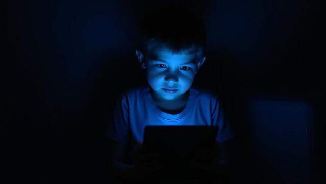 Young Child Using Digital Tablet in Dark Room with Blue Screen Light Illumination