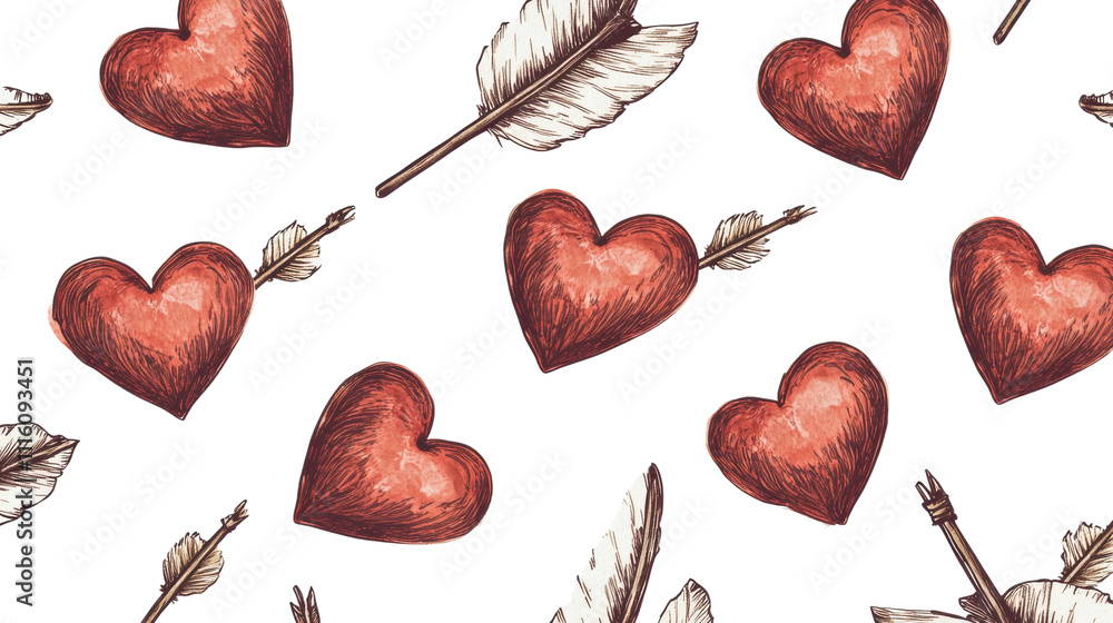 Poster seamless pattern of cupid arrows piercing red hearts on transparent background