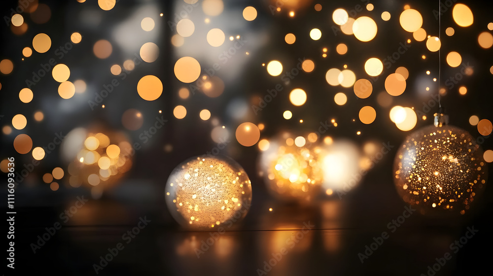 Poster a captivating display of warm golden bokeh lights floating against a dark backdrop, creating a cozy,