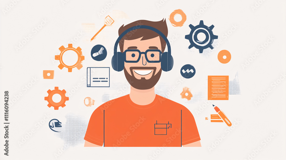 Poster a clean character design of an it support guy with a headset, in front of a minimalist background fe