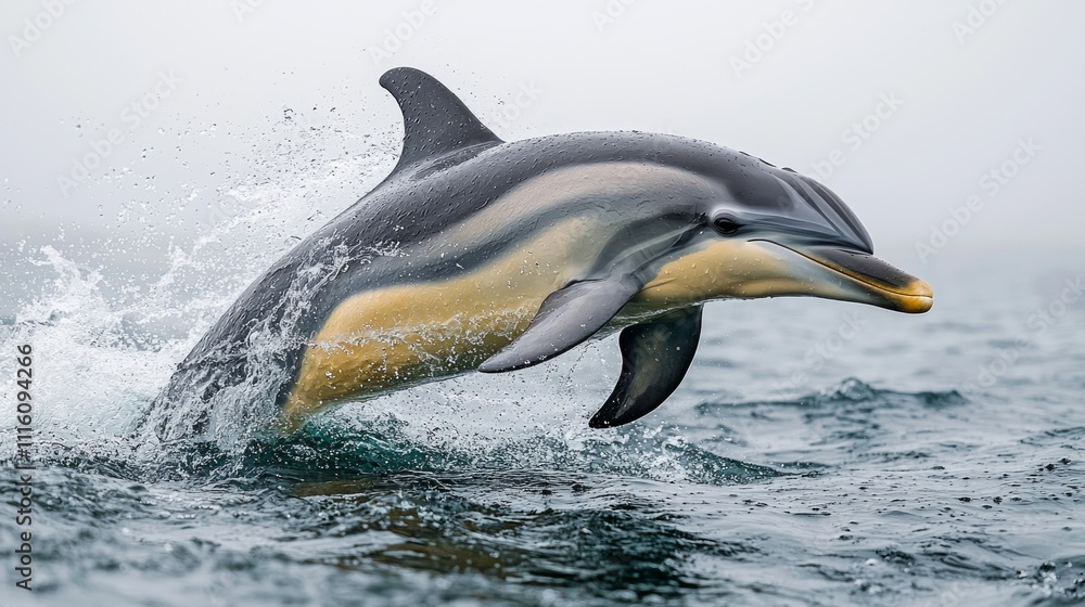Poster playful dolphin leaps ocean creating dynamic water splashes while showcasing its lively spirit and a