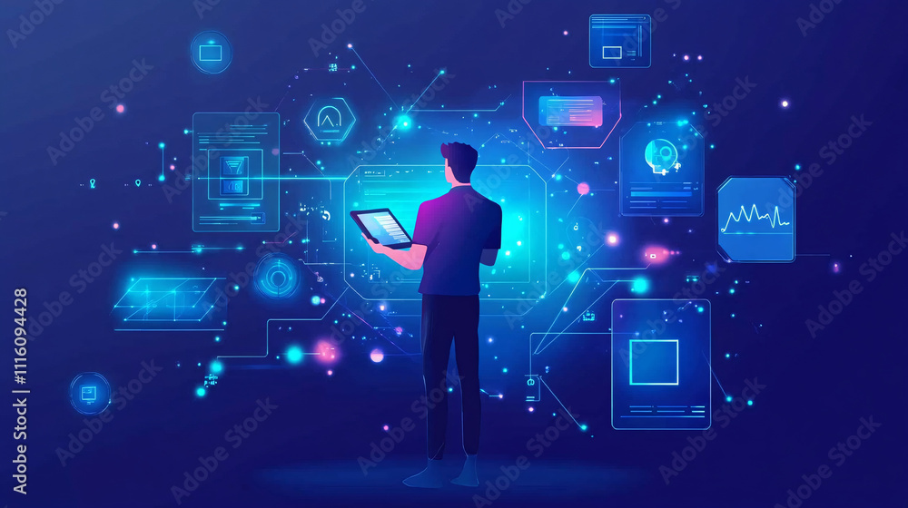 Aufkleber a clean figure of a man standing in front of a digital interface, holding a tablet, with minimal flo