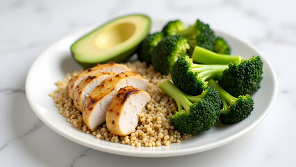 A clean arrangement of quinoa, avocado, grilled chicken breast, and steamed broccoli on a white ceramic plate.