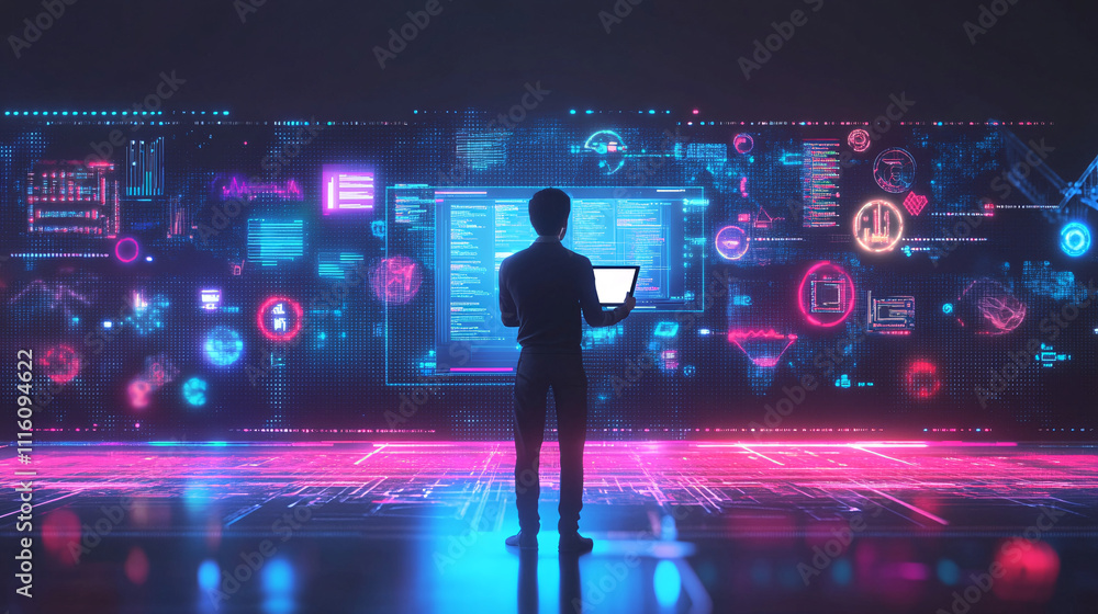 Poster a clean figure of a man standing in front of a digital interface, holding a tablet, with minimal flo