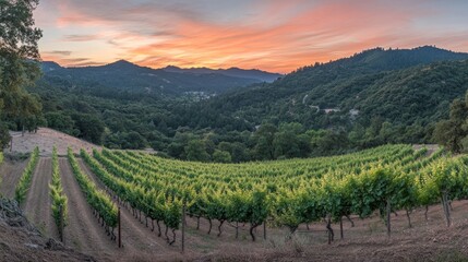 Obraz premium Vineyard sunrise, rolling hills, peaceful landscape.