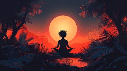 A serene illustration of a woman meditating near a calm pond, surrounded by vibrant wildflowers and peaceful, misty forest scenery.
