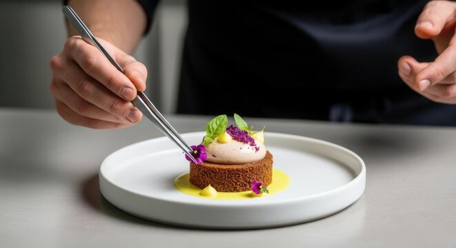 Chef's precise decoration of gourmet chocolate dessert