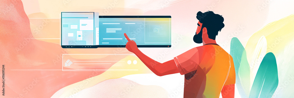 Poster a clean illustration of an it support man pointing at a floating monitor, with sleek lines represent