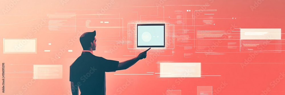 Poster a clean illustration of an it support man pointing at a floating monitor, with sleek lines represent