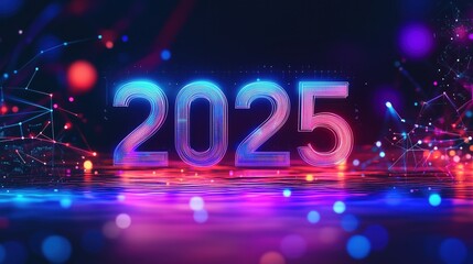 Obraz premium vibrant 2025 text with glowing lights in a colorful futuristic setting with reflections and bright effectsC