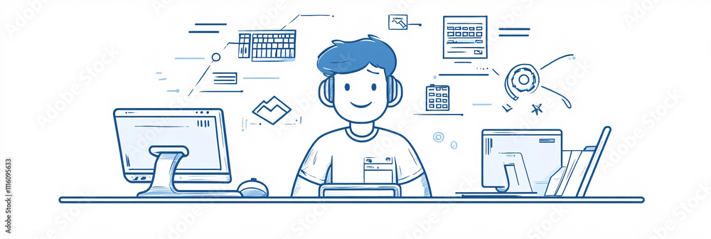 Poster a clean line drawing of an it support man offering assistance, with a few essential tech symbols lik