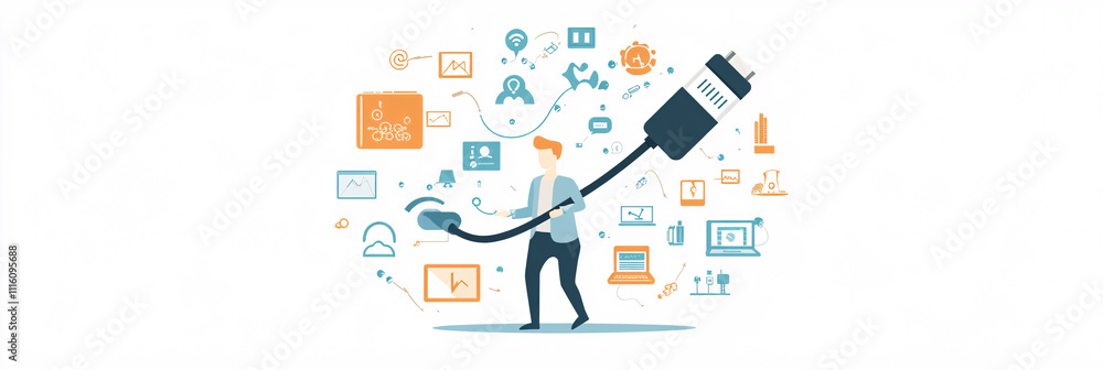 Poster a clean minimalist figure holding a large usb cable, surrounded by tech symbols representing connect