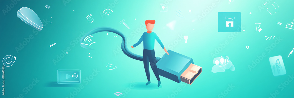 Poster a clean minimalist figure holding a large usb cable, surrounded by tech symbols representing connect