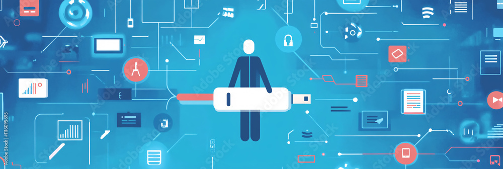 Poster a clean minimalist figure holding a large usb cable, surrounded by tech symbols representing connect