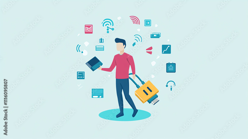 Poster a clean minimalist figure holding a large usb cable, surrounded by tech symbols representing connect