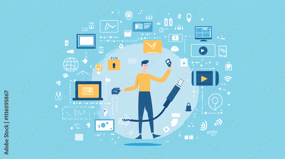 Poster a clean minimalist figure holding a large usb cable, surrounded by tech symbols representing connect