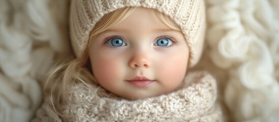 adorable baby girl with bright blue eyes wearing a cozy knitted hat and wrap against a soft textured background