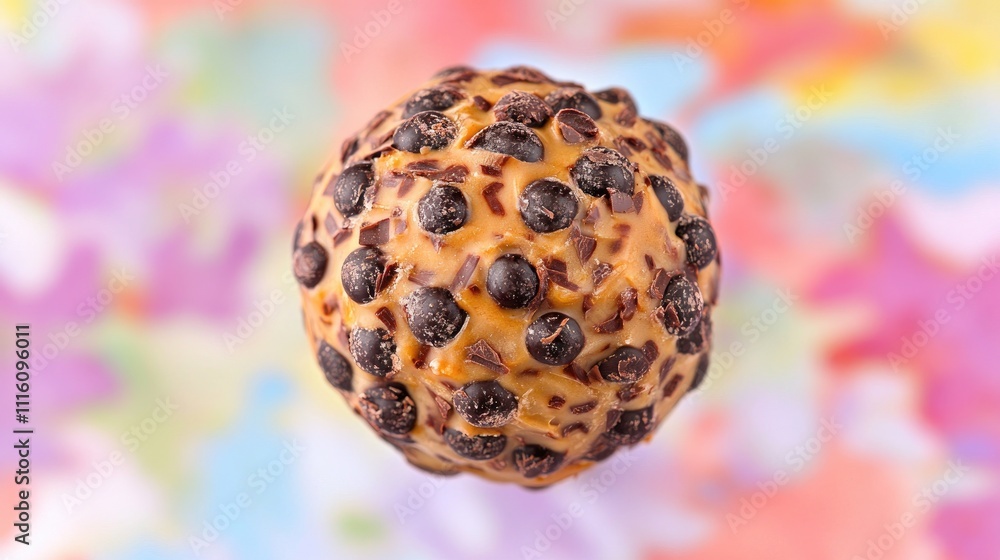 Poster chocolate sphere with textured surface on colorful abstract backdrop suitable for desserts and confe