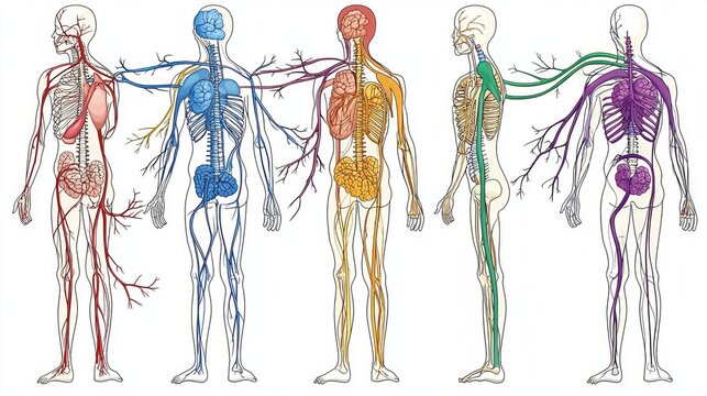 Detailed illustration autonomic nervous system white background highlighting sympathetic and parasympathetic branches key organs like heart and lungs educational purposes.