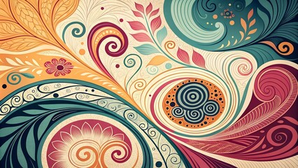 Colorful abstract swirl pattern with floral and decorative motifs.