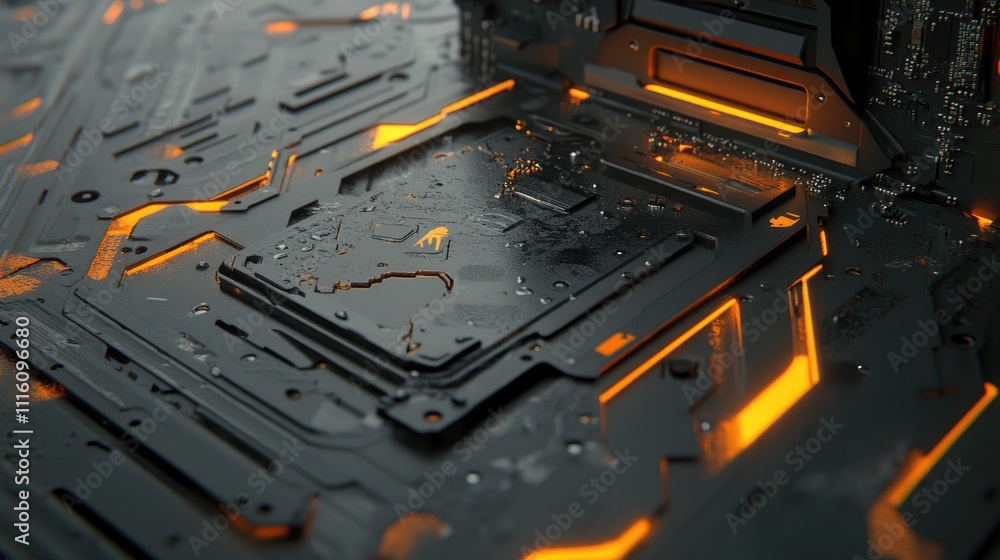 Poster hydraulic cooling system on a computer motherboard with illuminated circuit paths and water droplets