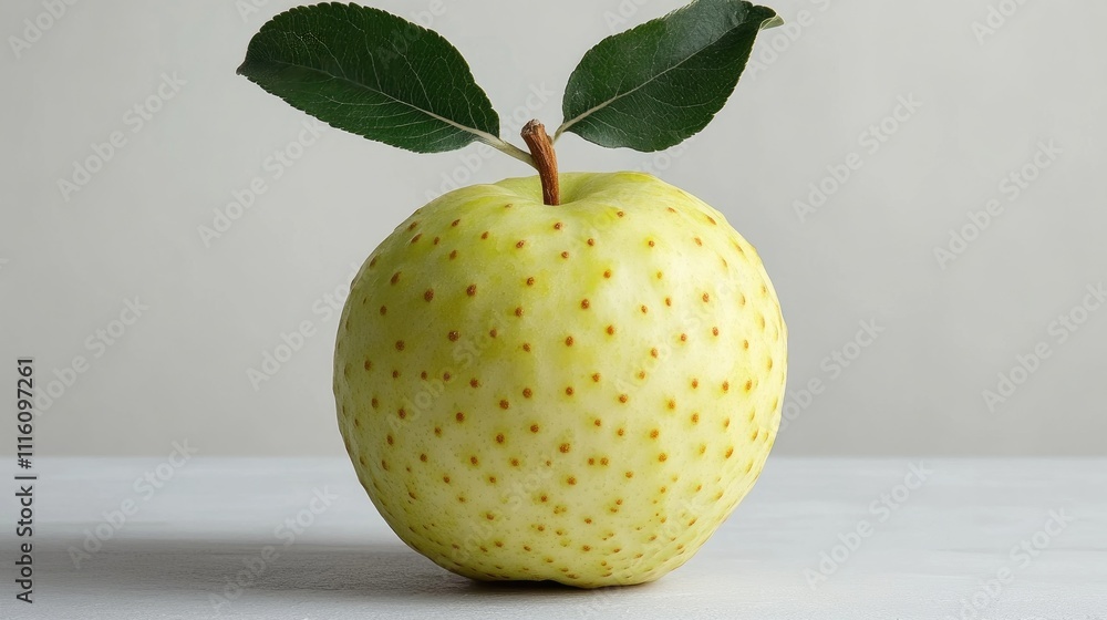 Poster fresh custard apple with green leaves on white background highlighting its unique texture and color 