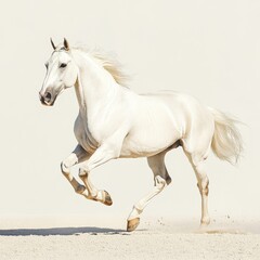 Obraz premium A majestic white horse gallops gracefully against a soft, neutral background, conveying strength and elegance, Ideal for equestrian themes, nature, or motivational content,