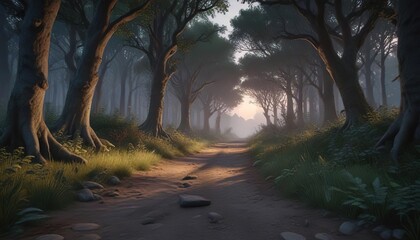 Obraz premium Forest creatures peeking out from behind trees on a winding path at twilight, hidden clearings, forest creatures, bushes