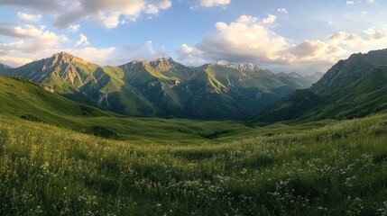 Obraz premium A breathtaking panoramic view of mountains and lush green valleys under a vibrant sky.