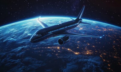 Isometric airplane in space, with futuristic designs and Earth visible in the background, exploring sci-fi possibilities