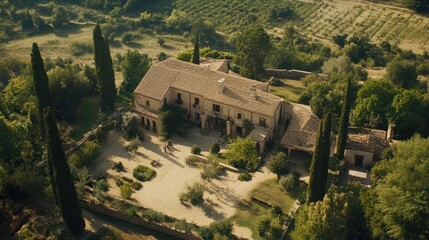 Fototapeta premium Rustic farmhouse nestled in the scenic Siena countryside surrounded by lush greenery and rolling hills under a clear blue sky