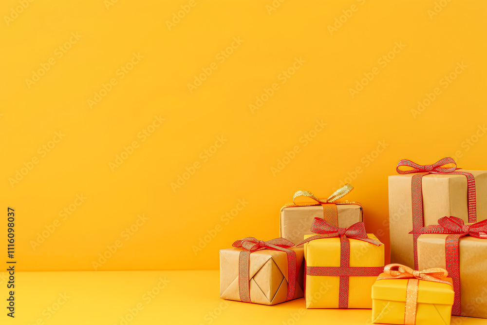 Poster stack of colorful boxes with a yellow background.
