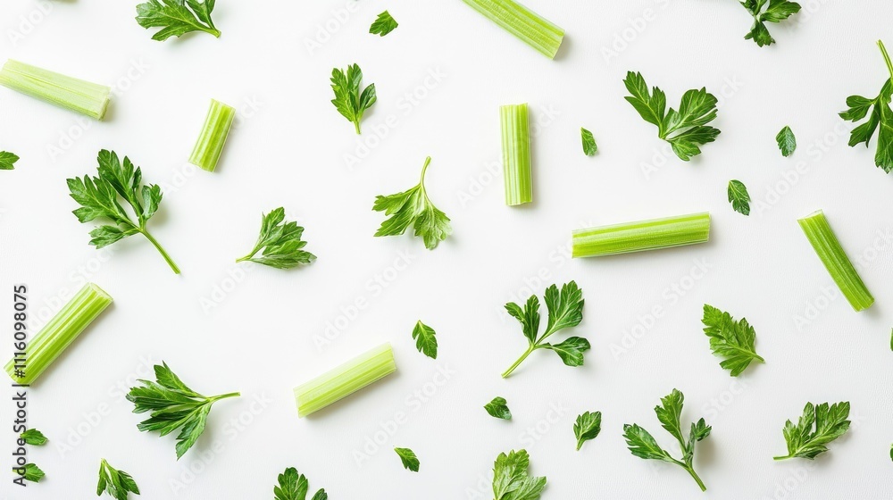 Aufkleber fresh celery and parsley arranged on a clean white surface creating a vibrant and healthy compositio