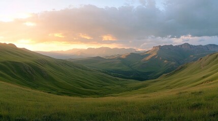 Fototapeta premium A breathtaking panoramic view of lush green valleys and distant mountains at sunset.