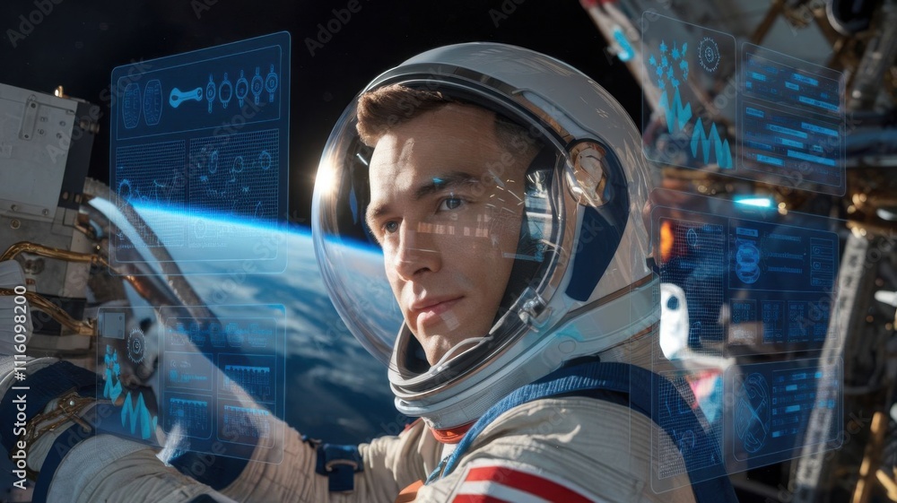 Aufkleber astronaut in space with digital interface and earth in the background.