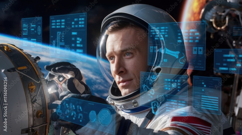 Poster an astronaut interacts with digital displays in space, showcasing advanced technology and exploratio