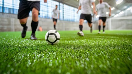 Close-up of soccer ball on indoor field with players in motion in background, sports action on artificial turf