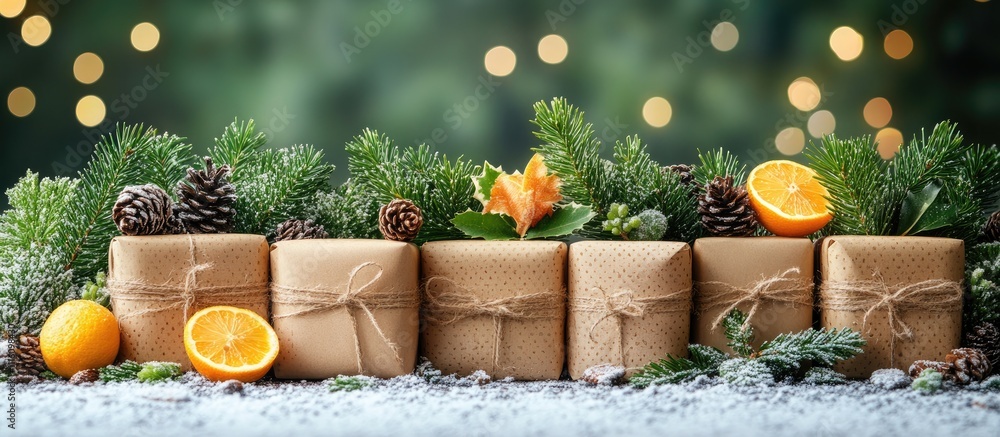 Poster festive gift boxes adorned with greenery and citrus on a snowy backdrop with soft bokeh lighting cre