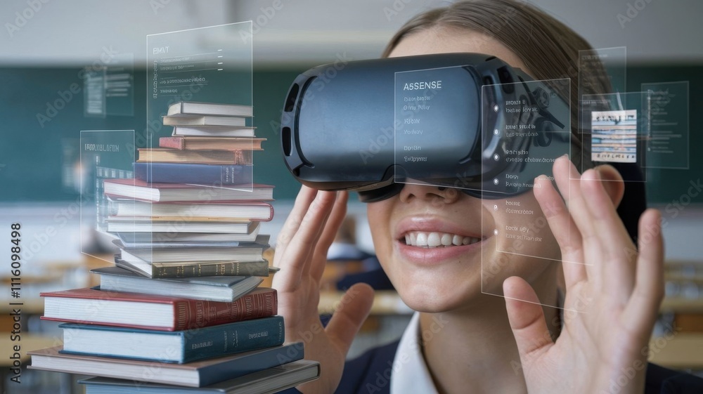 Poster a person using a virtual reality headset in a classroom with books and digital overlays.