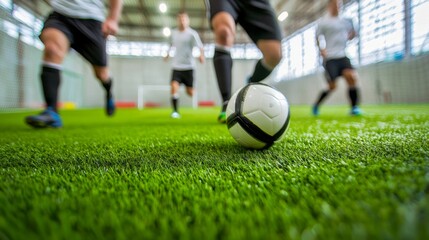 Dynamic soccer game, players in motion, chasing ball on vibrant green indoor turf field, bright and energetic setting