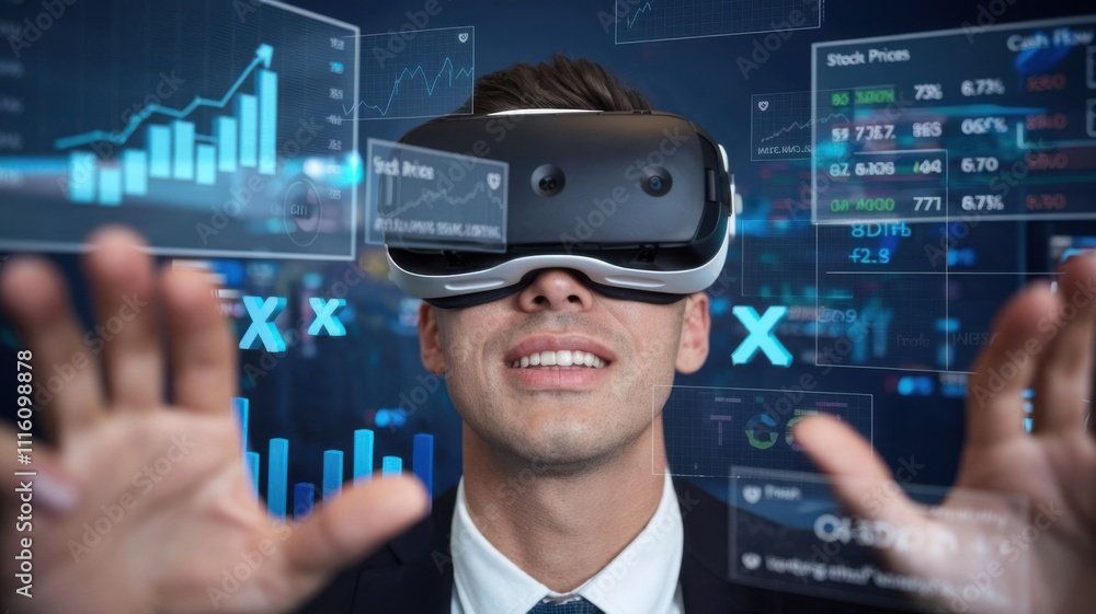 Aufkleber a man wearing virtual reality goggles interacts with digital data and graphs.